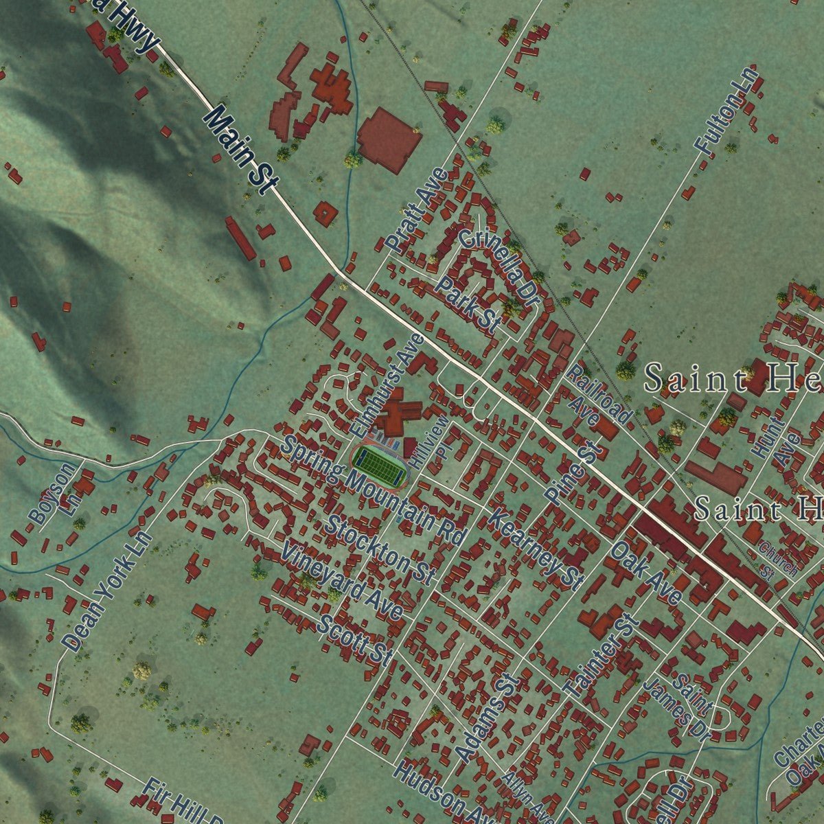 Close-up of the map of St. Helena, California print showing street and building detail