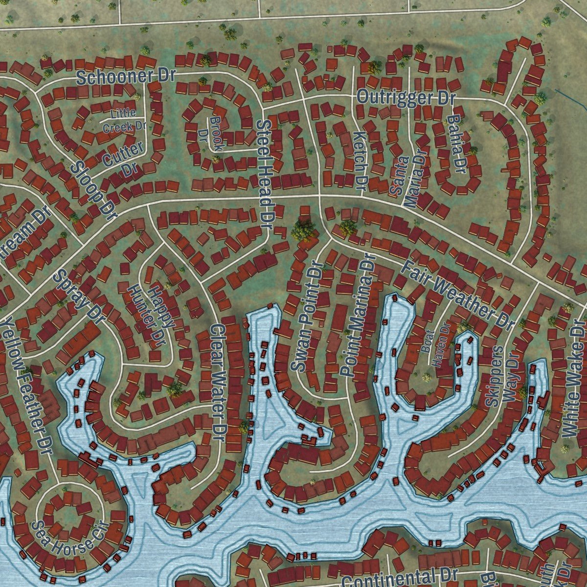 Close-up of the map of Canyon Lake, California print showing street and building detail