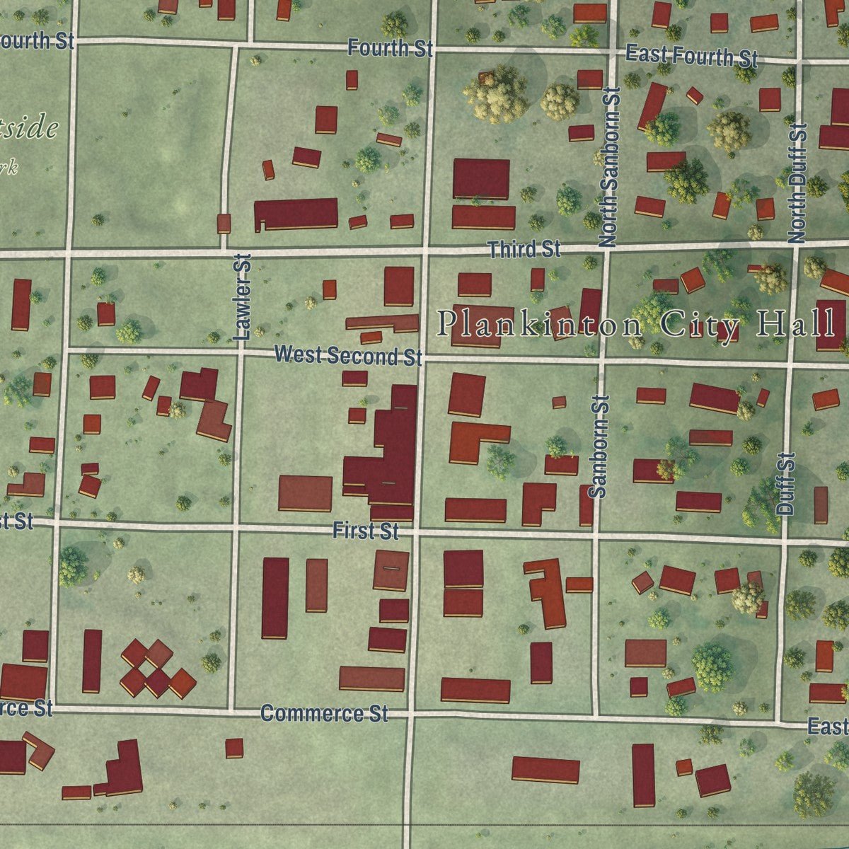 Close-up of the map of Plankinton, South Dakota print showing street and building detail