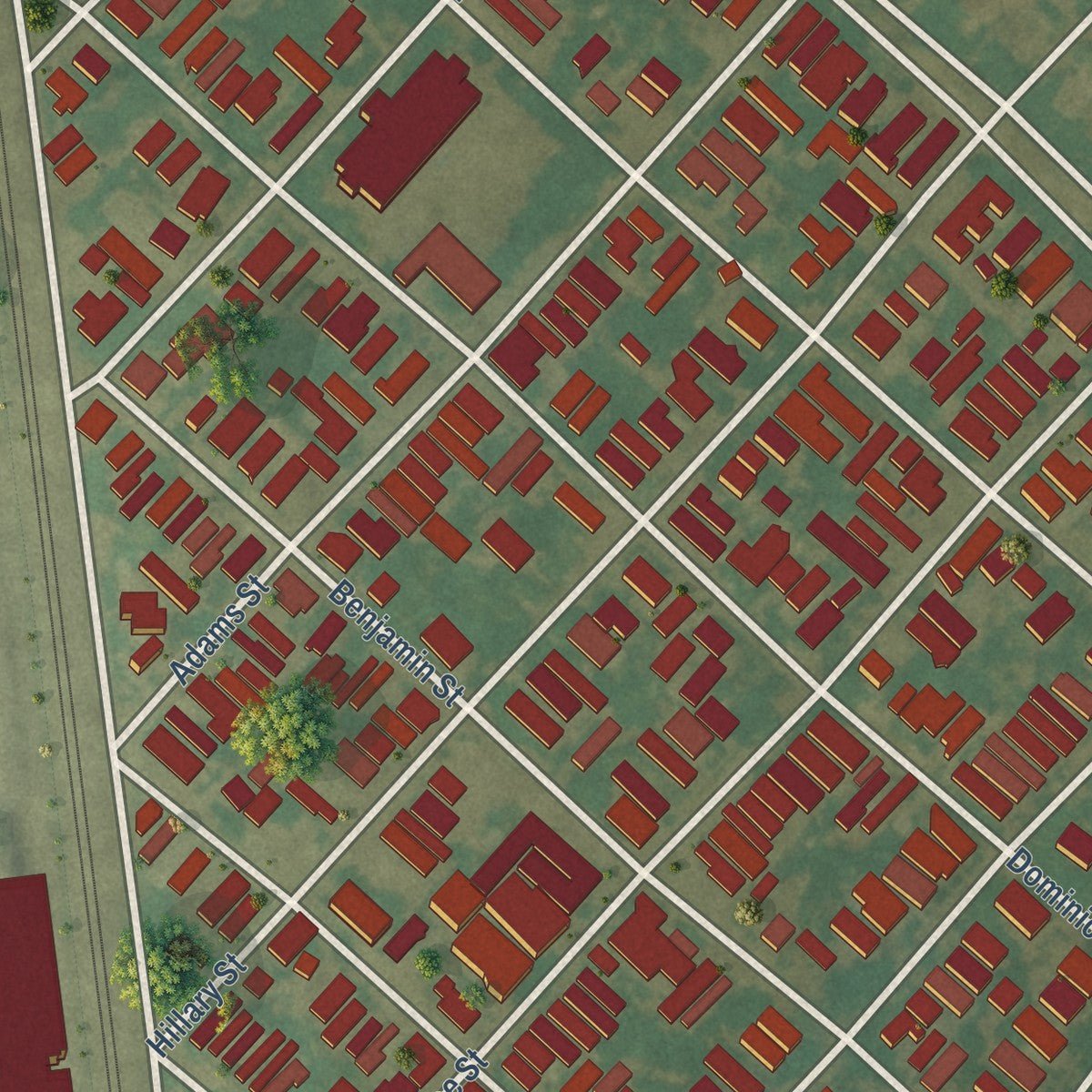 Close-up of the map of Black Pearl, Louisiana print showing street and building detail