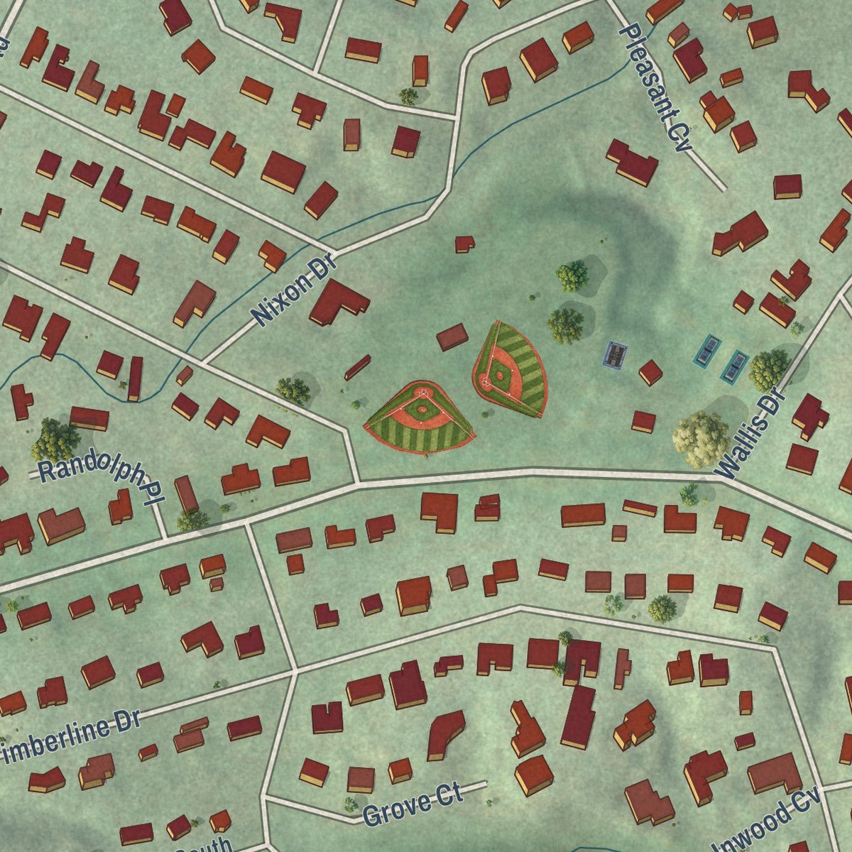 Close-up of the map of Rollingwood, Texas print showing street and building detail