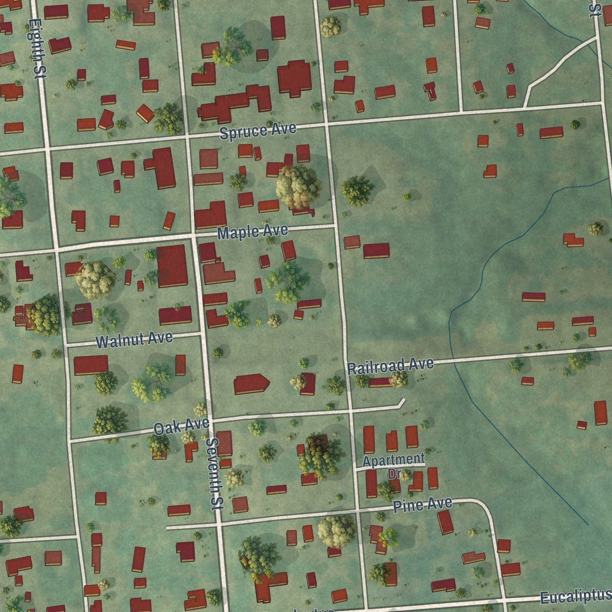 Close-up of the map of Cushing, Texas print showing street and building detail