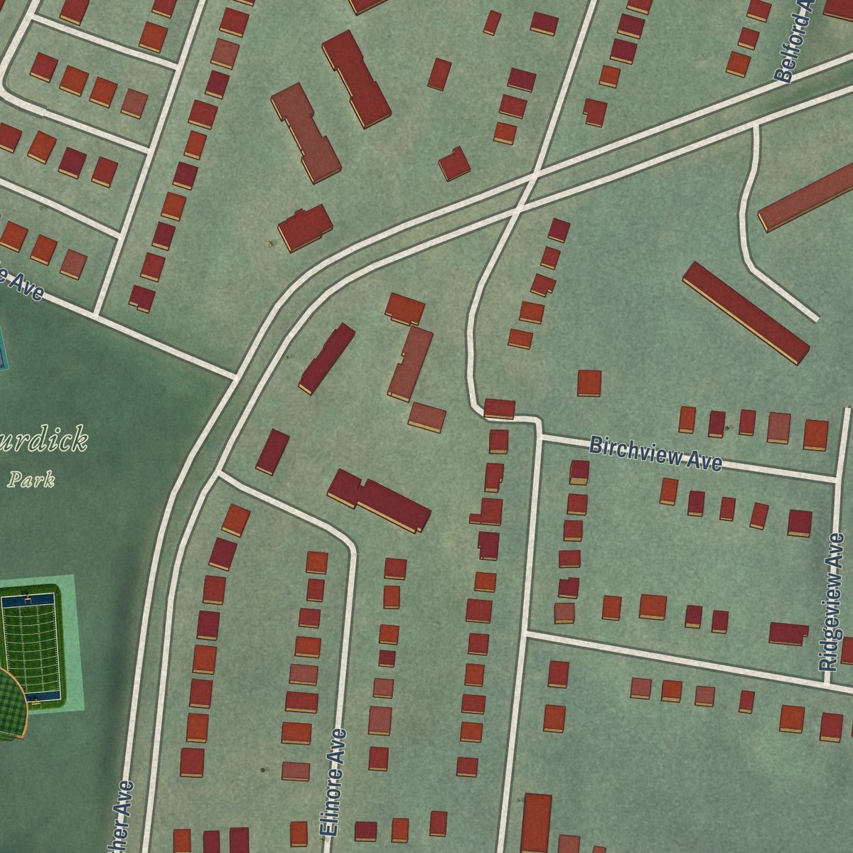 Close-up of the map of Rosemont East, Maryland print showing street and building detail