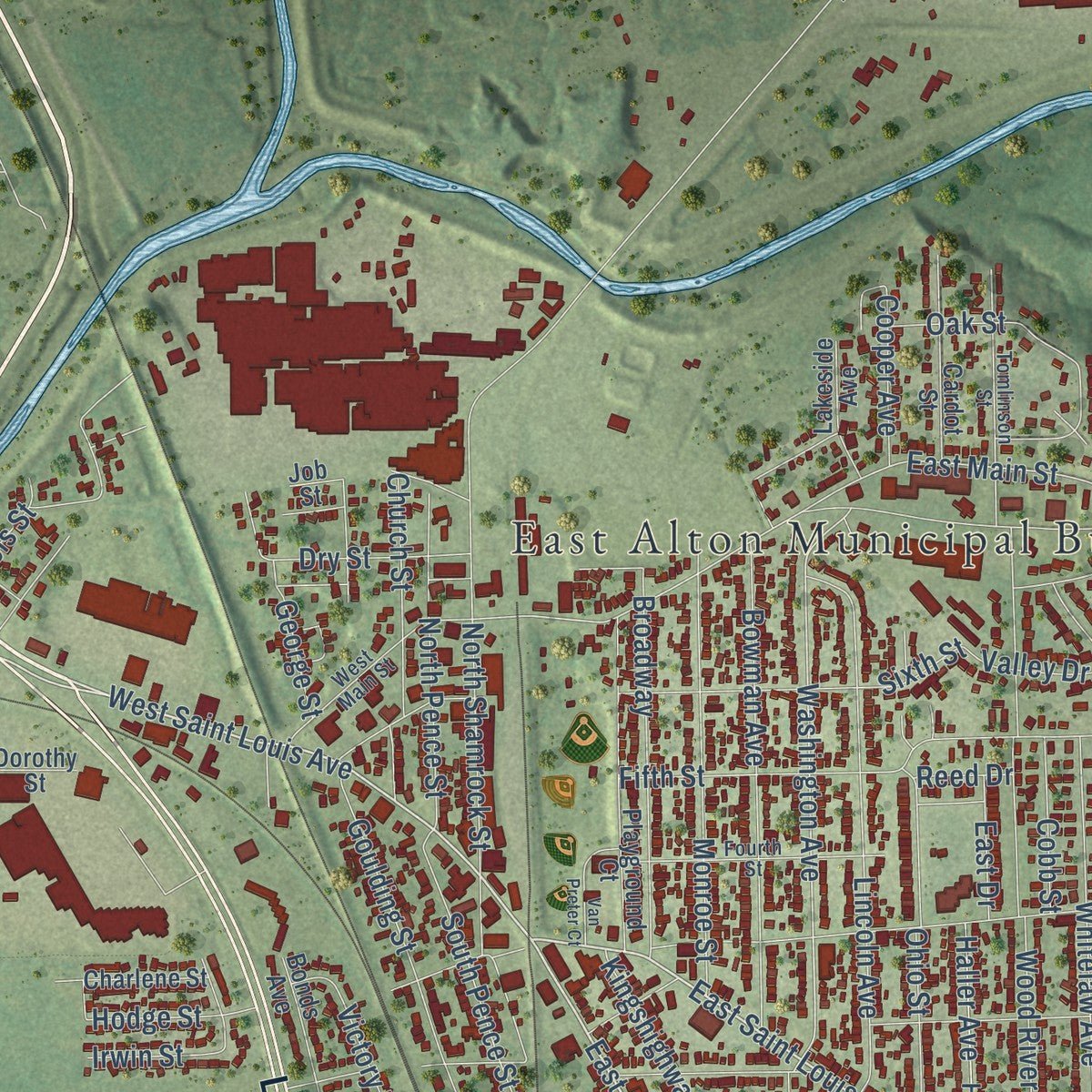 Close-up of the map of East Alton, Illinois print showing street and building detail