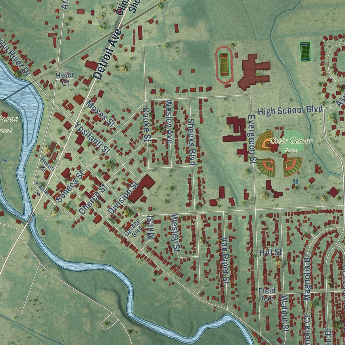Close-up of the map of Flat Rock, Michigan print showing street and building detail