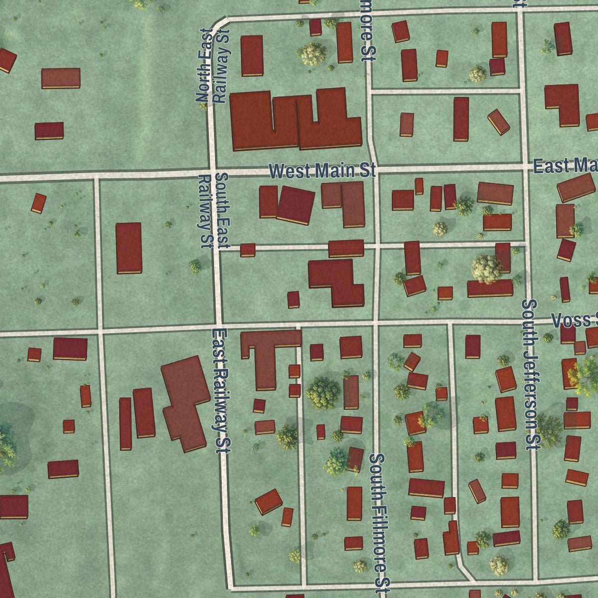 Close-up of the map of Bruning, Nebraska print showing street and building detail