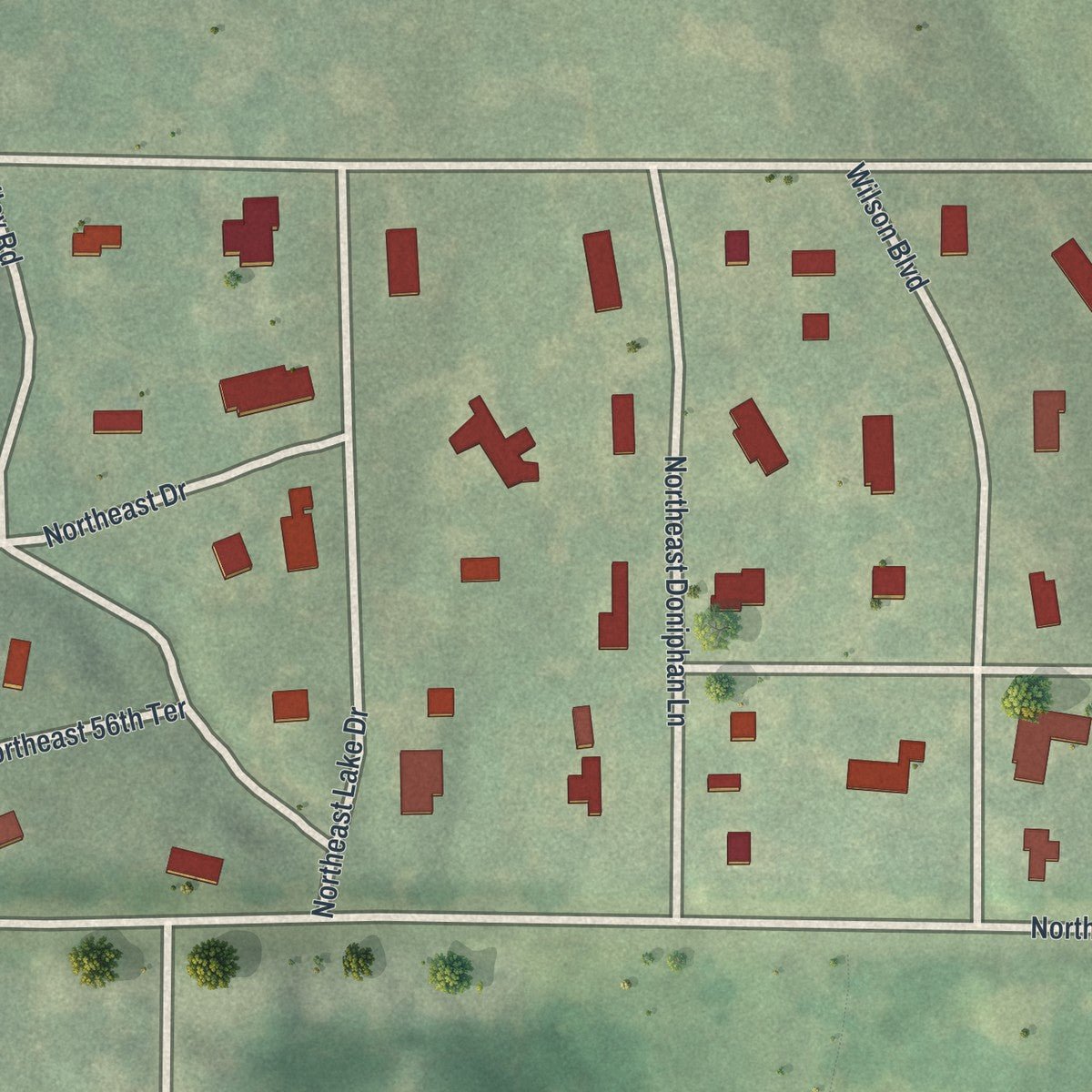 Close-up of the map of Oaks, Missouri print showing street and building detail