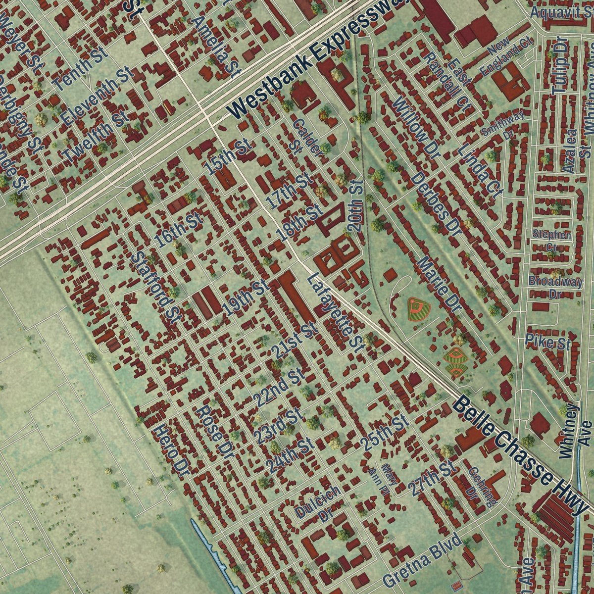 Close-up of the map of Gretna, Louisiana print showing street and building detail