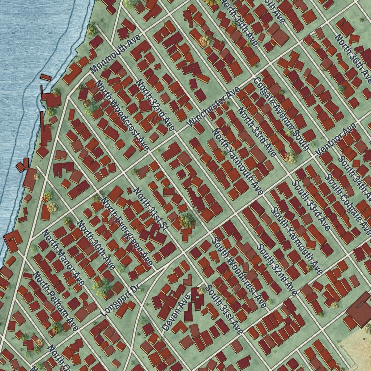 Close-up of the map of Longport, New Jersey print showing street and building detail