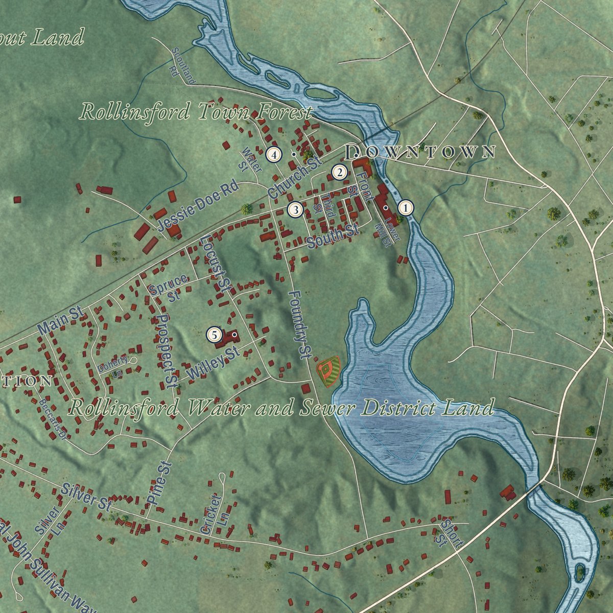 Close-up of the map of Rollinsford, New Hampshire print showing street and building detail