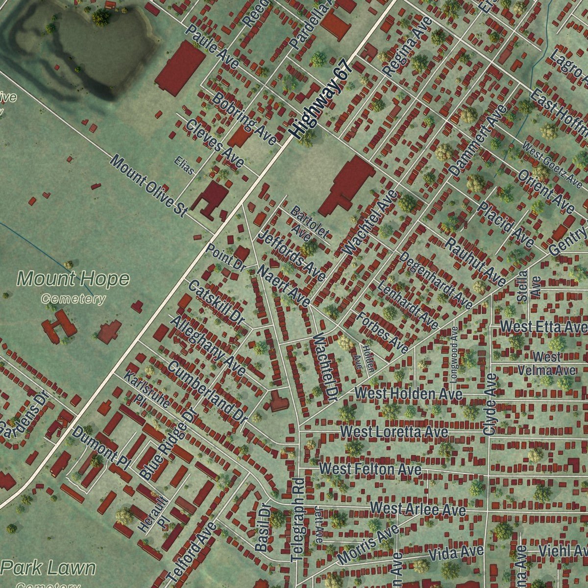Close-up of the map of Lemay, Missouri print showing street and building detail
