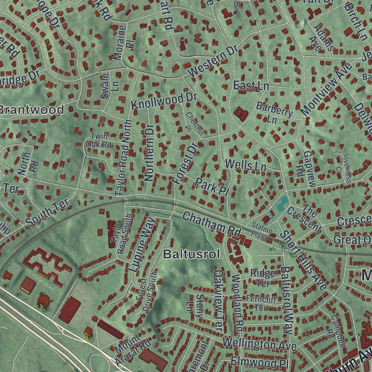 Close-up of the map of Millburn, New Jersey print showing street and building detail