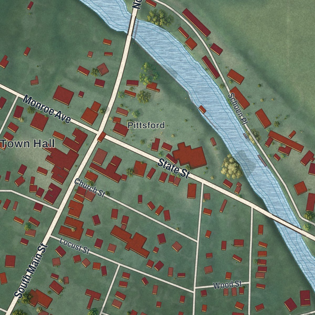 Close-up of the map of the Village of Pittsford, New York print showing street and building detail