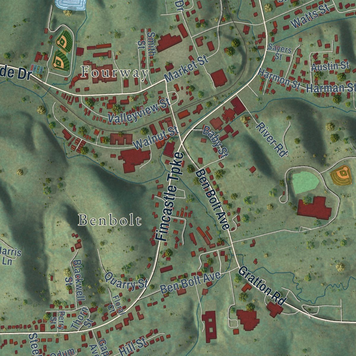 Close-up of the map of Tazewell, Virginia print showing street and building detail