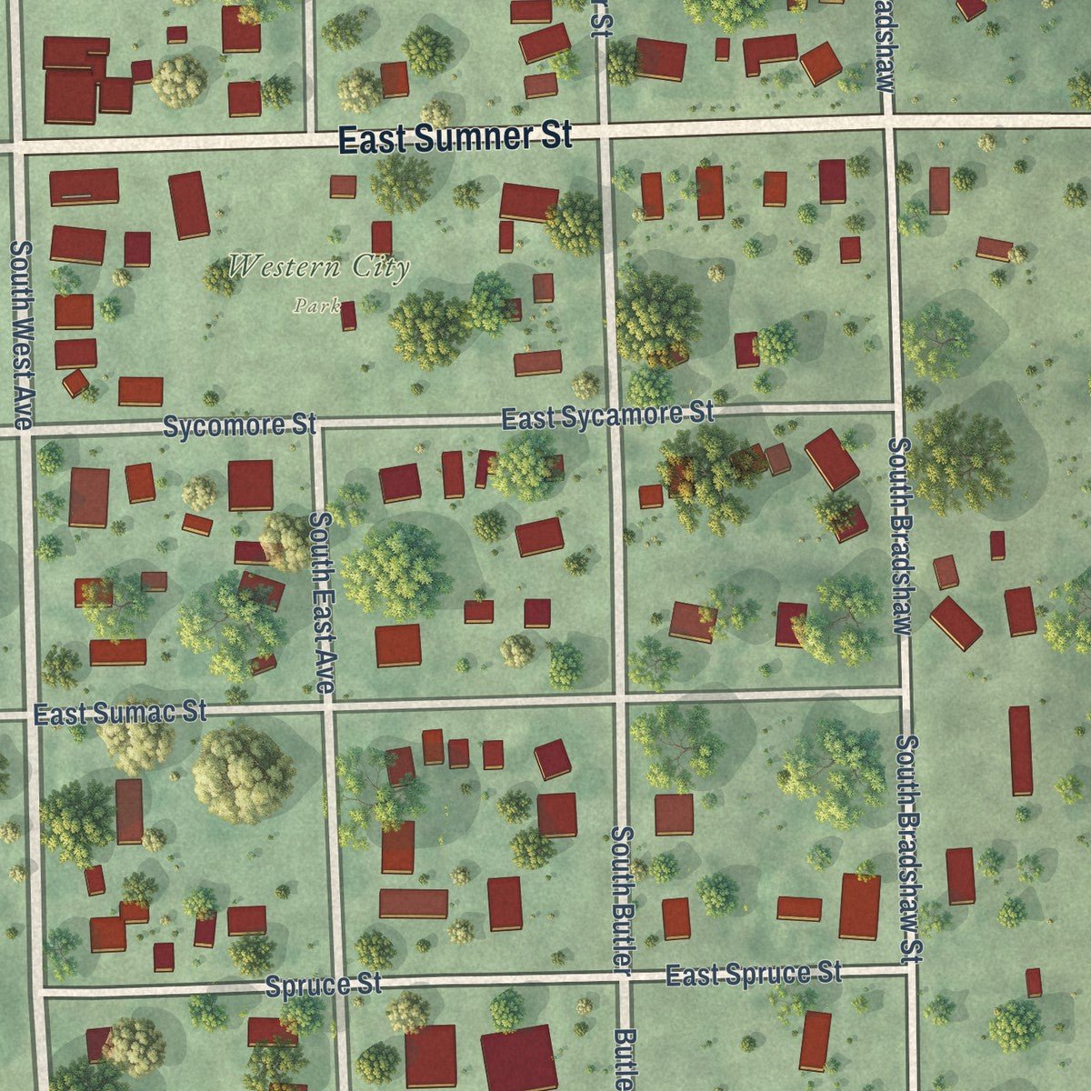 Close-up of the map of Western, Nebraska print showing street and building detail