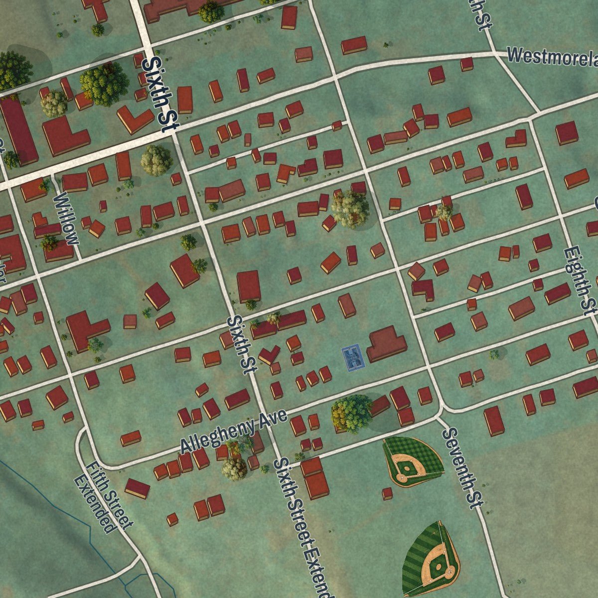 Close-up of the map of Avonmore, Pennsylvania print showing street and building detail
