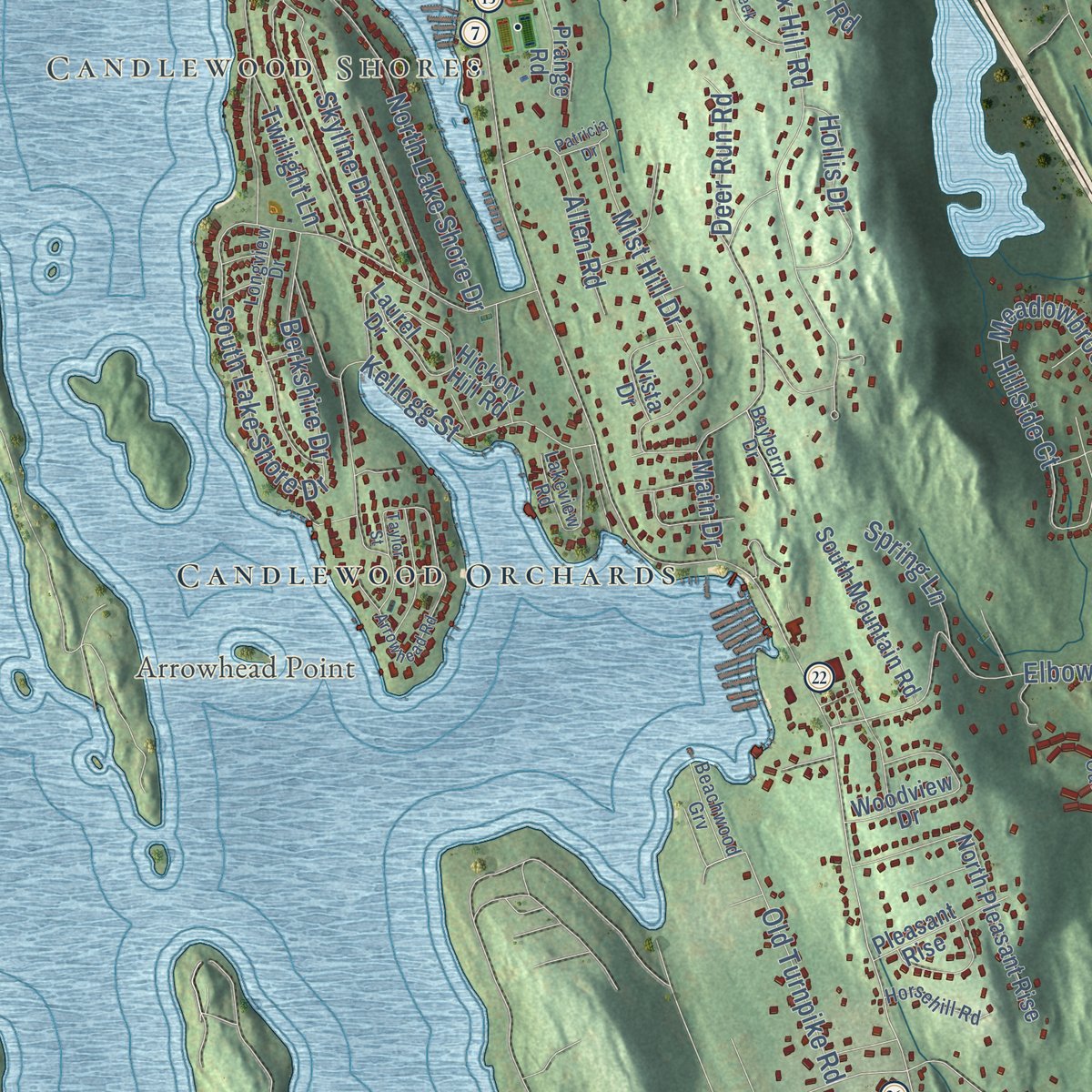 Close-up of the map of Brookfield, Connecticut print showing street and building detail