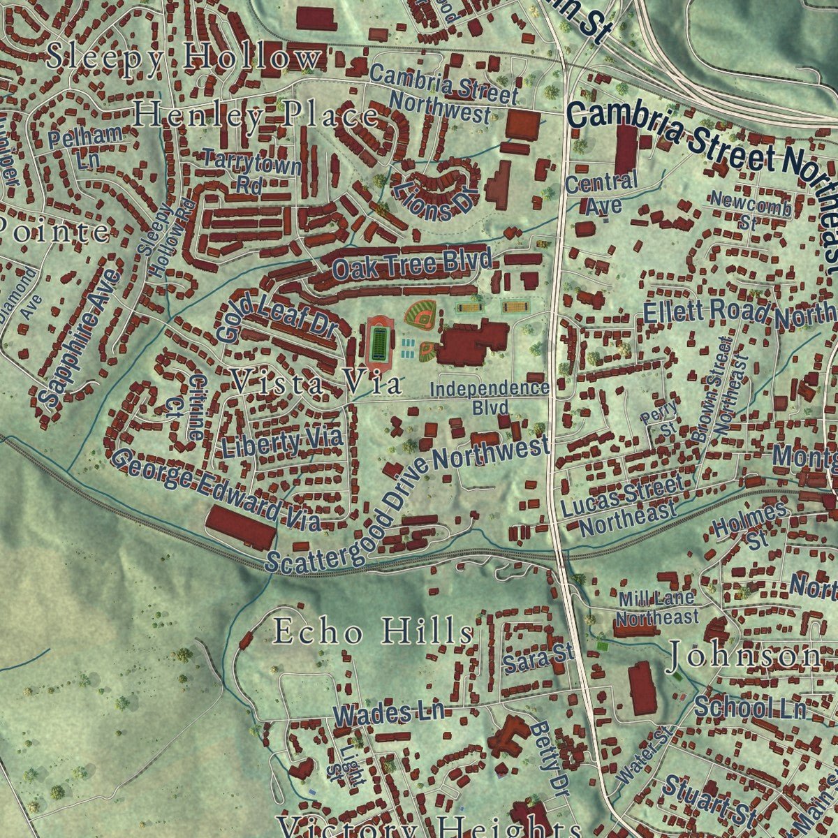 Close-up of the map of Christiansburg, Virginia print showing street and building detail