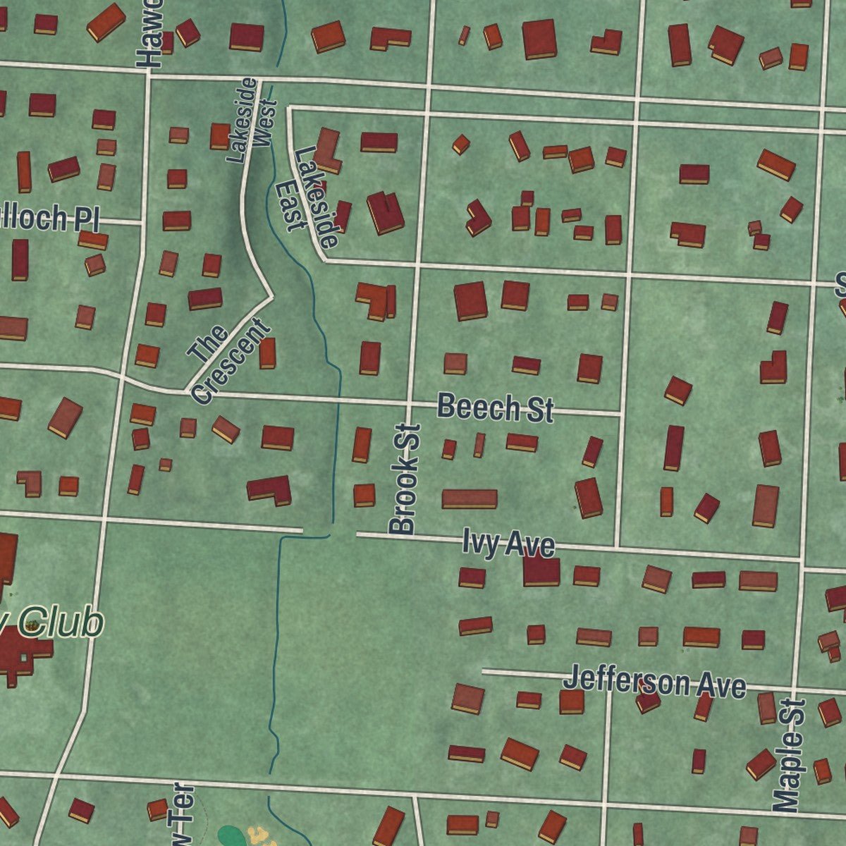 Close-up of the map of Haworth, New Jersey print showing street and building detail