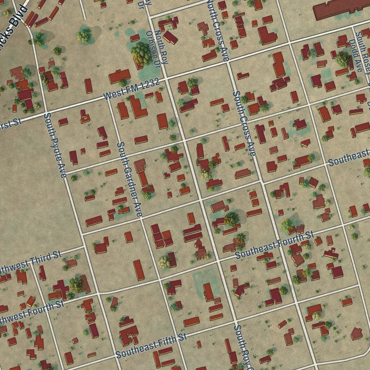 Close-up of the map of Wink, Texas print showing street and building detail