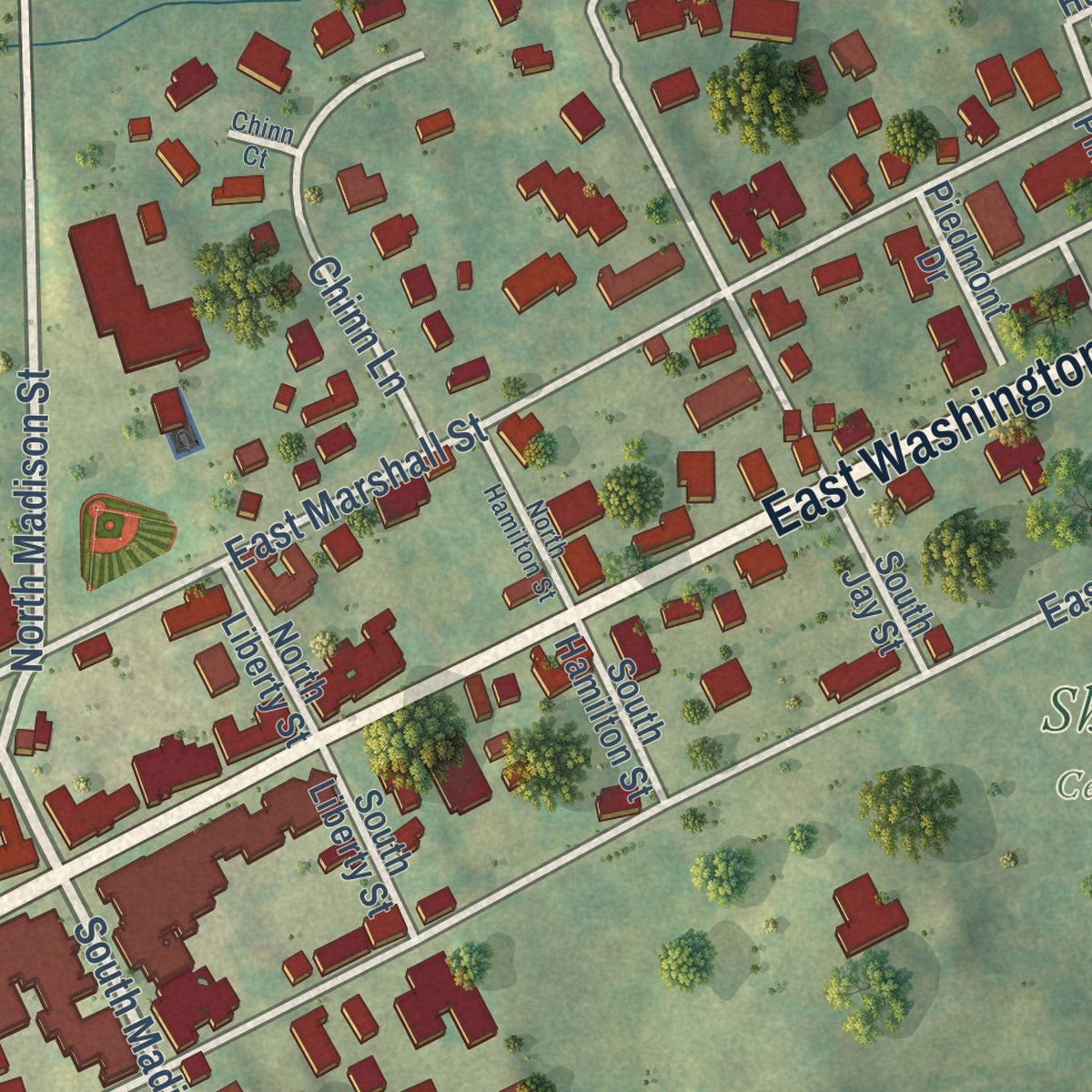 Close-up of the map of Middleburg, Virginia print showing street and building detail