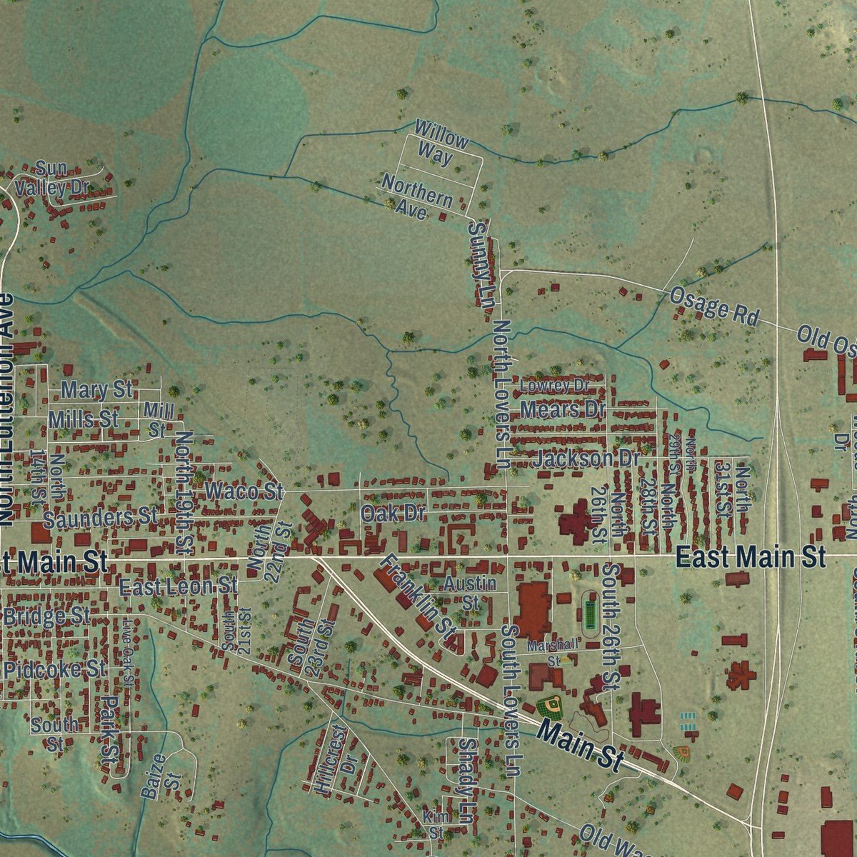 Close-up of the map of Gatesville, Texas print showing street and building detail