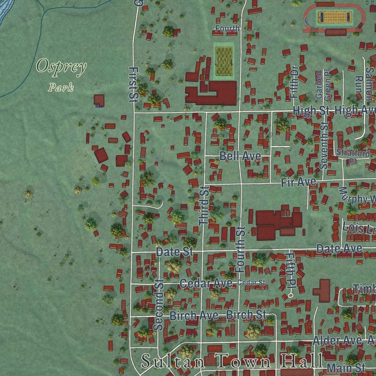Close-up of the map of Sultan, Washington print showing street and building detail