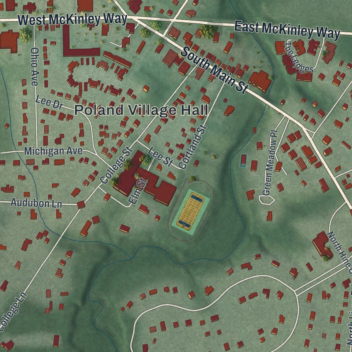 Close-up of the map of Poland, Ohio print showing street and building detail