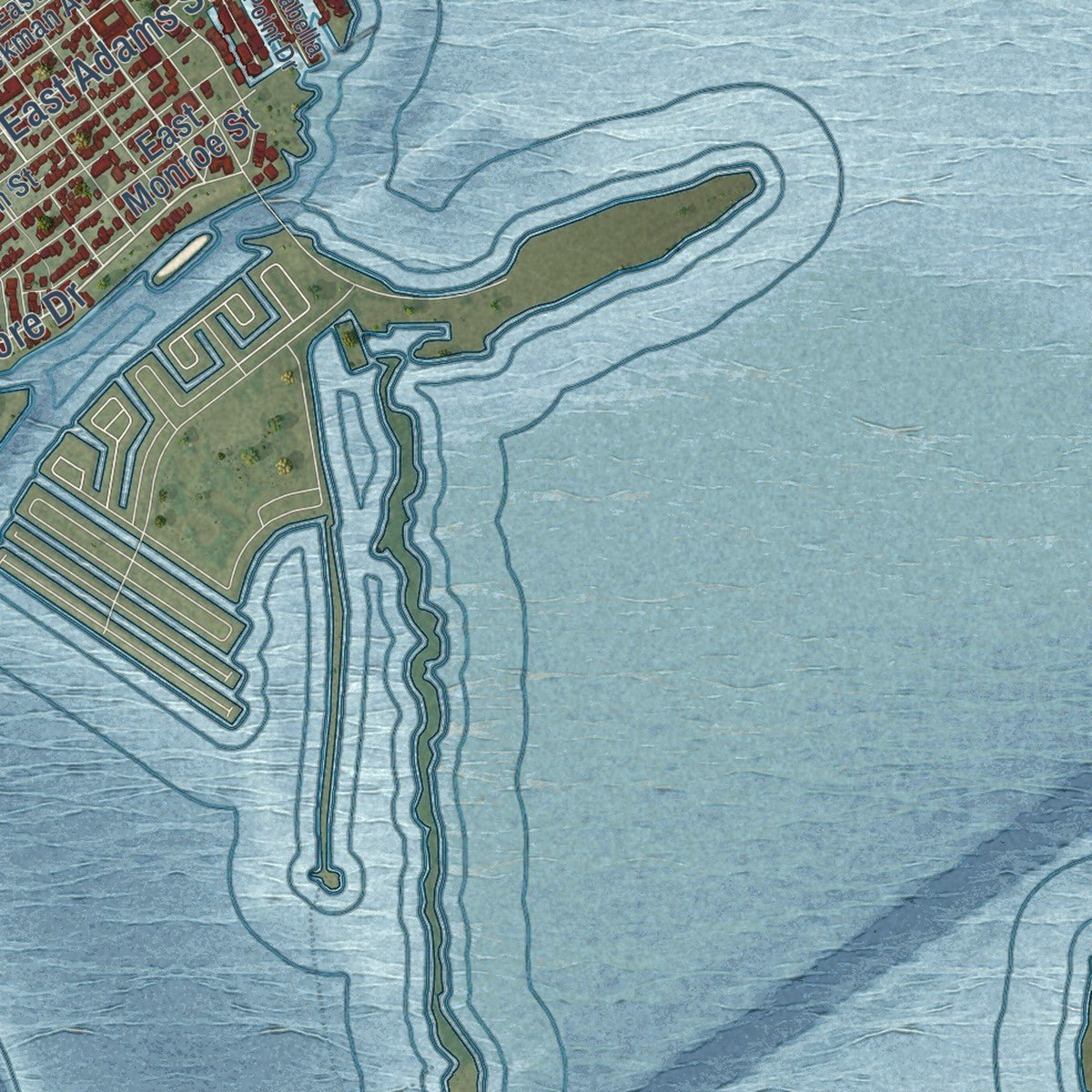 Close-up of the map of Port Isabel, Texas print showing street and building detail
