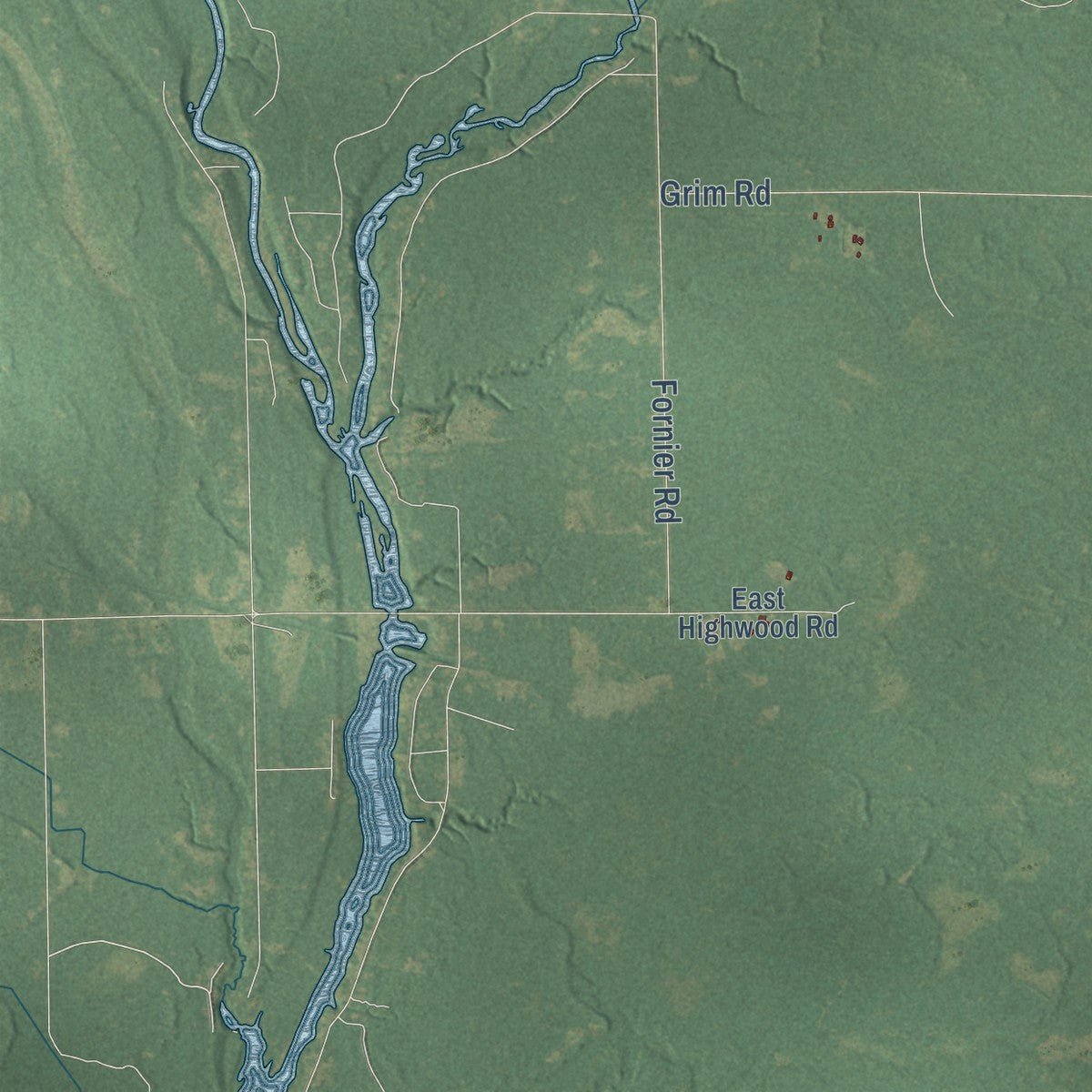 Close-up of the map of Grim, Michigan print showing street and building detail