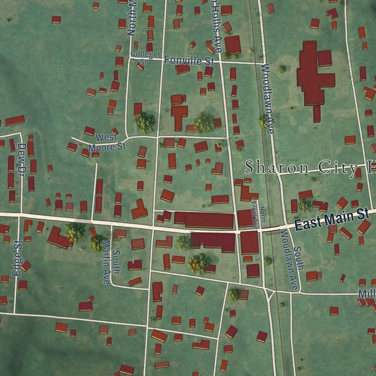 Close-up of the map of Sharon, Tennessee print showing street and building detail