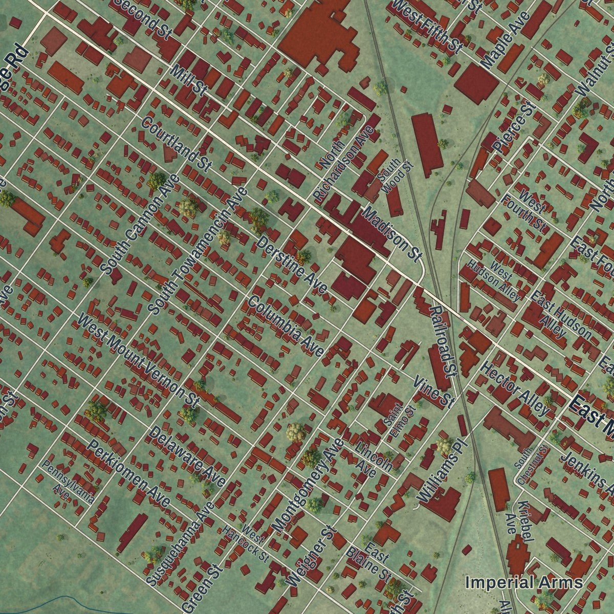 Close-up of the map of Lansdale, Pennsylvania print showing street and building detail