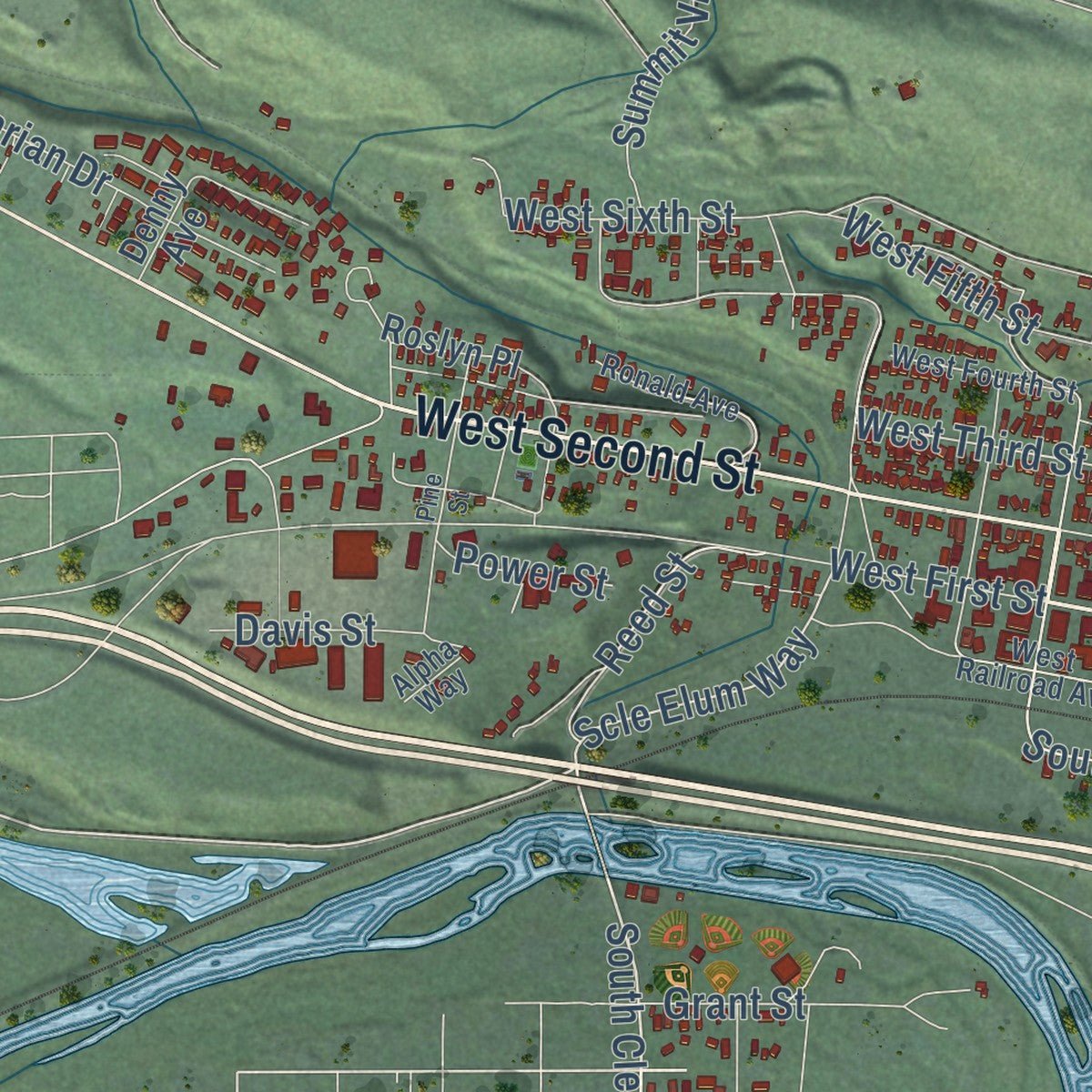 Close-up of the map of Cle Elum, Washington print showing street and building detail