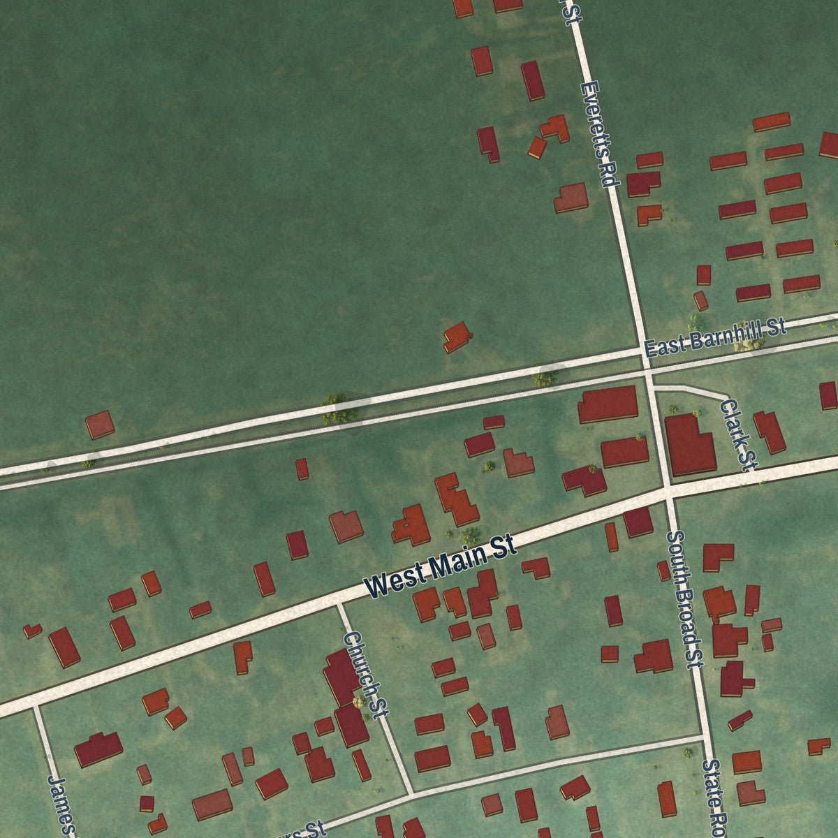Close-up of the map of Everetts, North Carolina print showing street and building detail