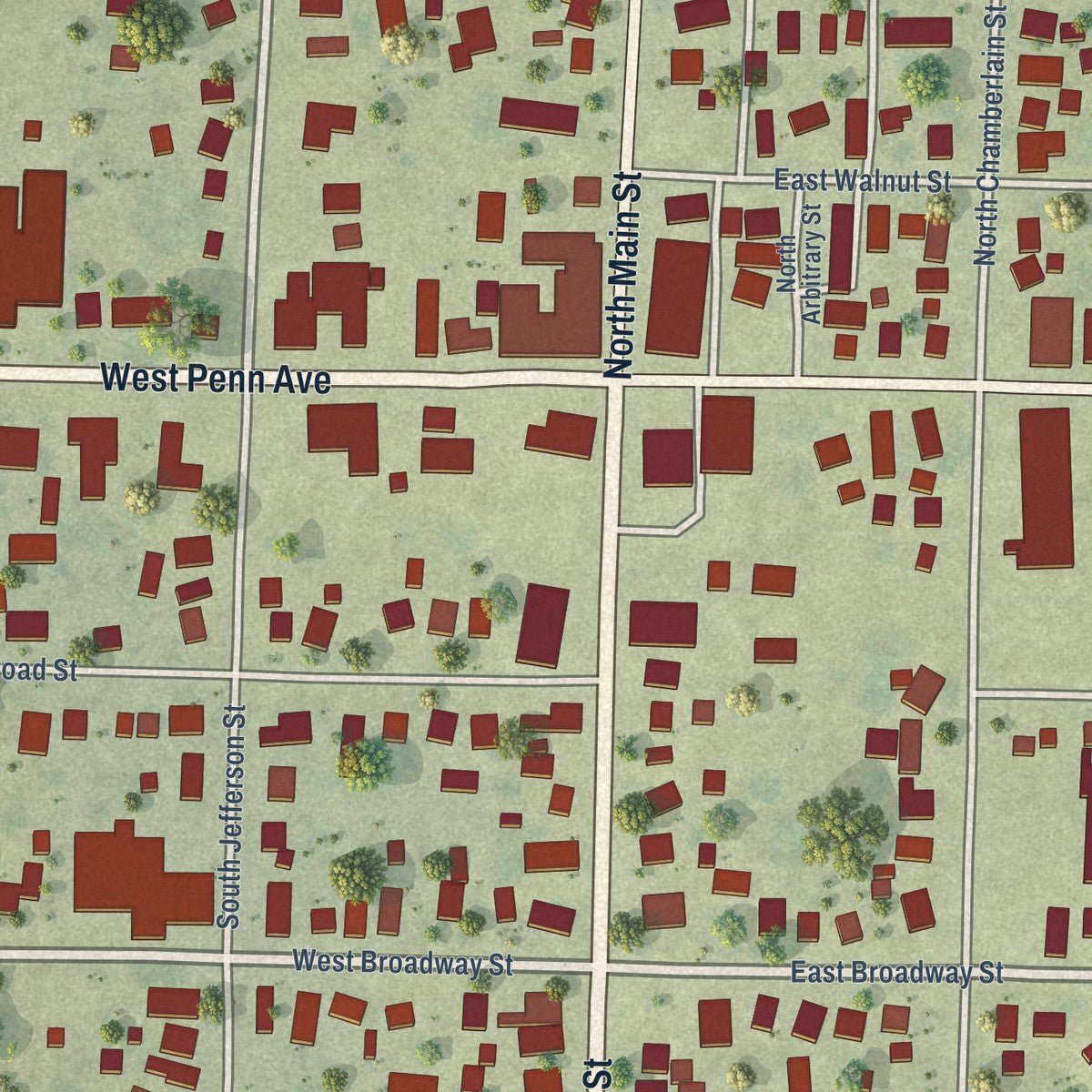 Close-up of the map of Roseville, Illinois print showing street and building detail