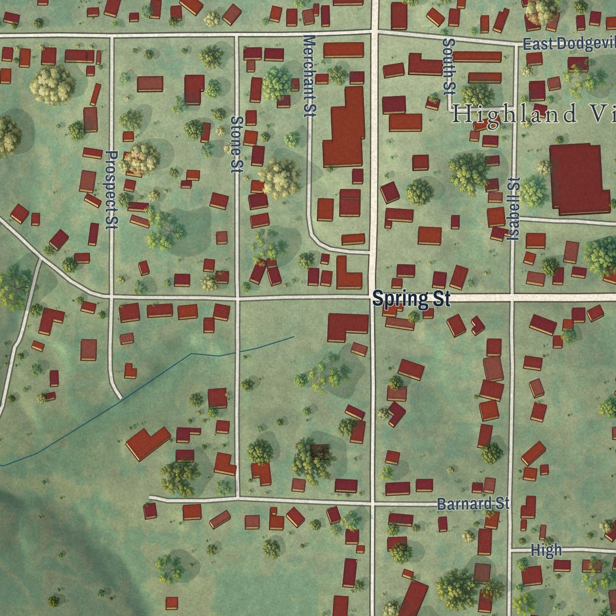Close-up of the map of Highland, Wisconsin print showing street and building detail