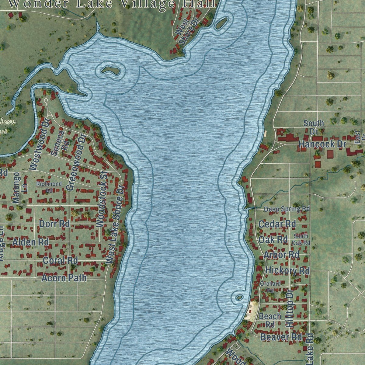 Close-up of the map of Wonder Lake, Illinois print showing street and building detail