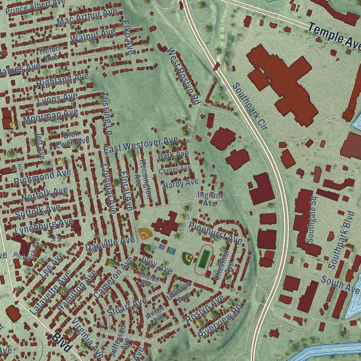 Close-up of the map of Colonial Heights, Virginia print showing street and building detail