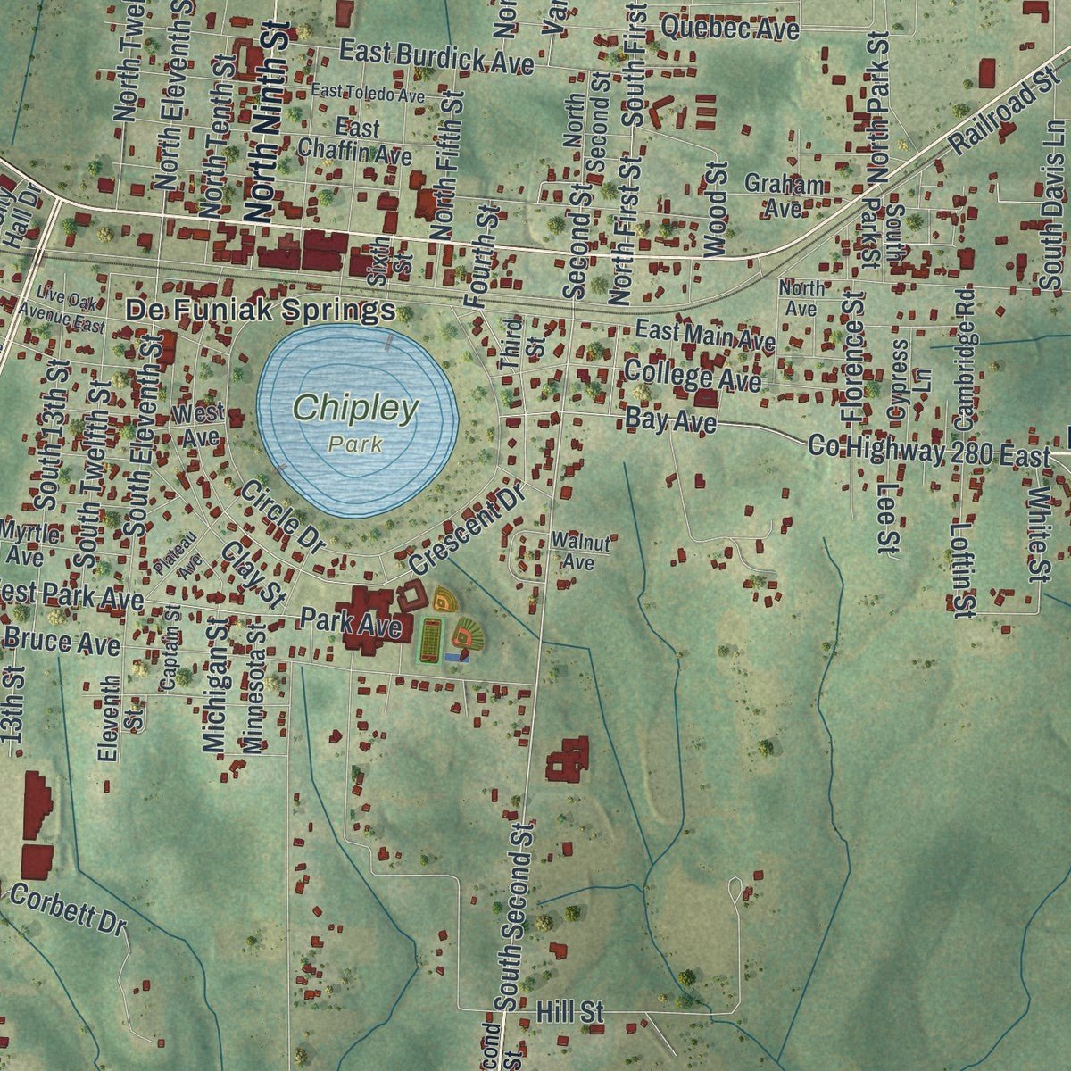 Close-up of the map of DeFuniak Springs, Florida print showing street and building detail