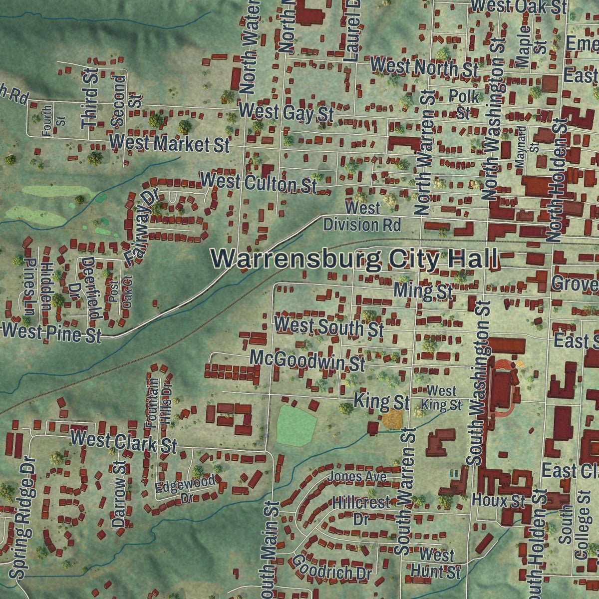 Close-up of the map of Warrensburg, Missouri print showing street and building detail