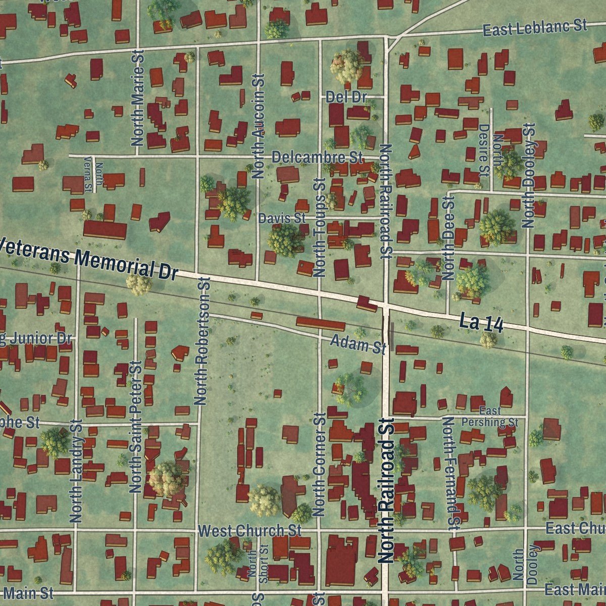Close-up of the map of Delcambre, Louisiana print showing street and building detail