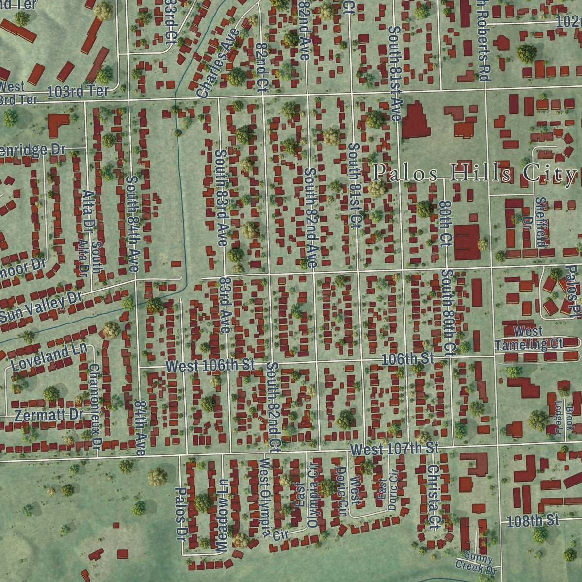 Close-up of the map of Palos Hills, Illinois print showing street and building detail