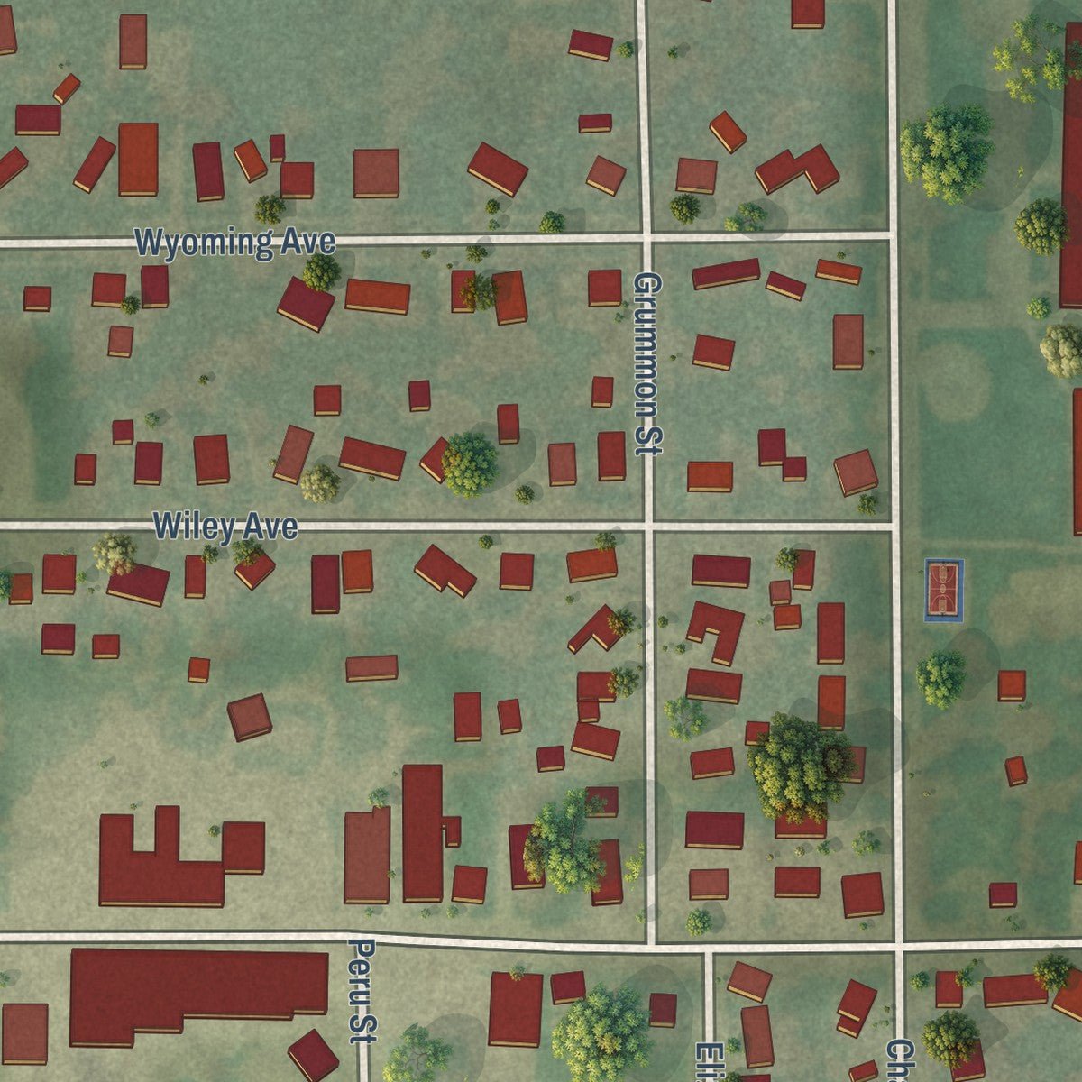 Close-up of the map of Paw Paw, Illinois print showing street and building detail