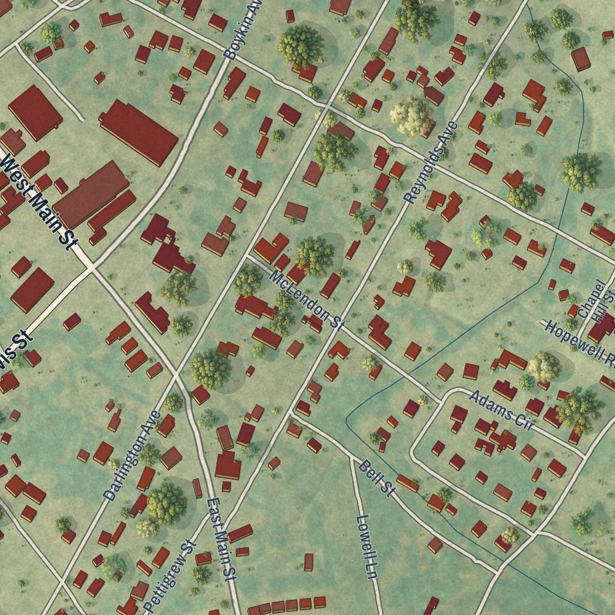 Close-up of the map of Lamar, South Carolina print showing street and building detail