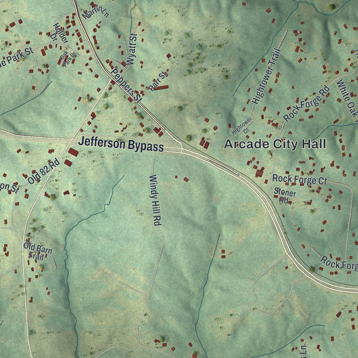 Close-up of the map of Arcade, Georgia print showing street and building detail