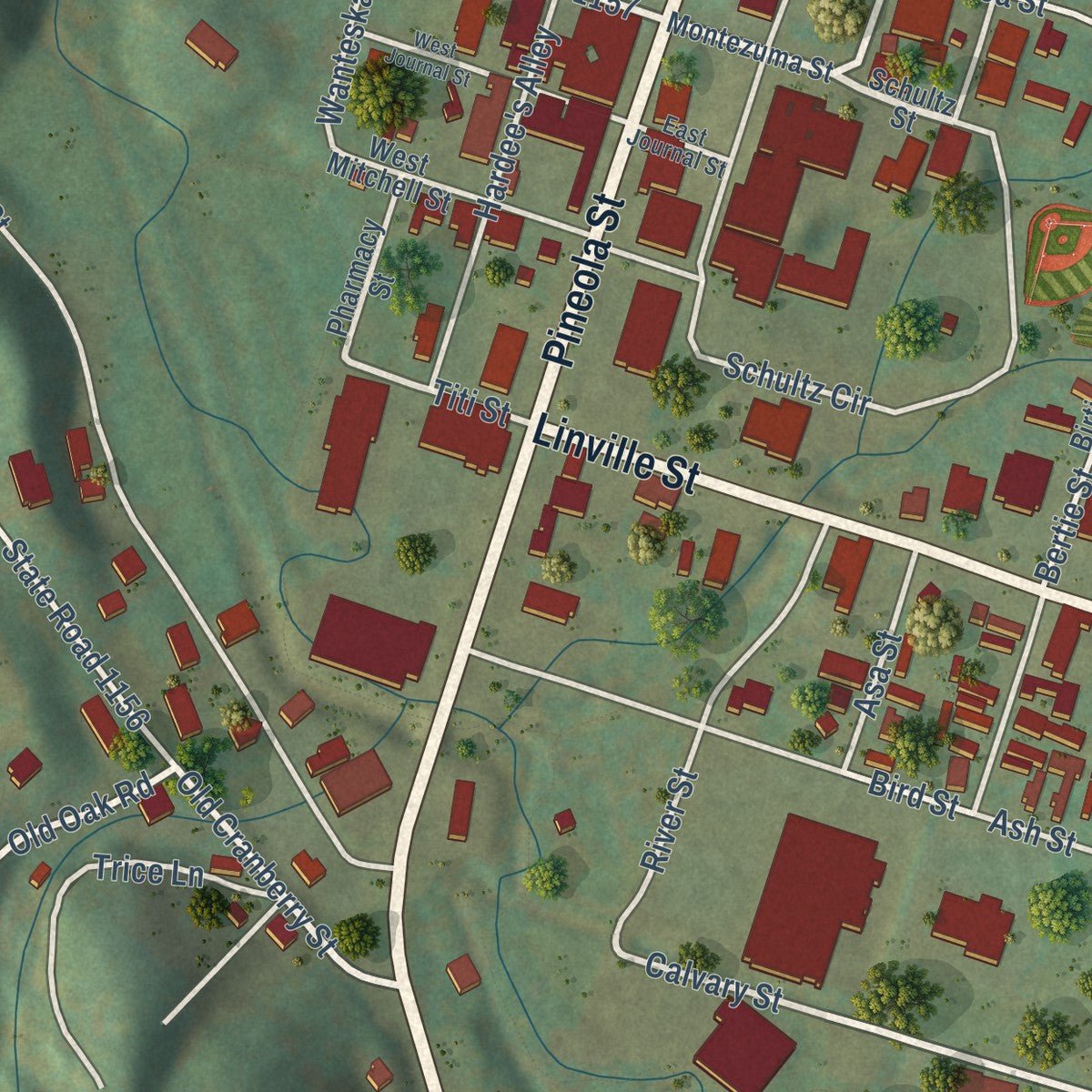 Close-up of the map of Newland, North Carolina print showing street and building detail
