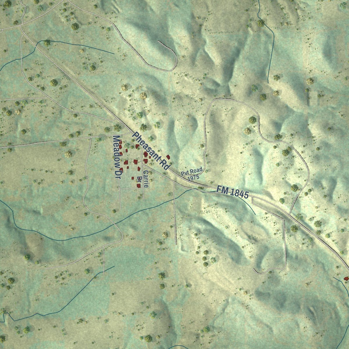 Close-up of the map of East Mountain, Texas print showing street and building detail