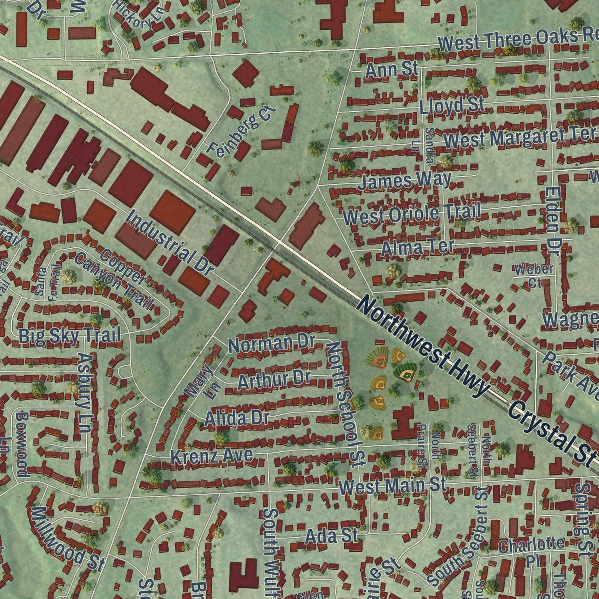 Close-up of the map of Cary, Illinois print showing street and building detail