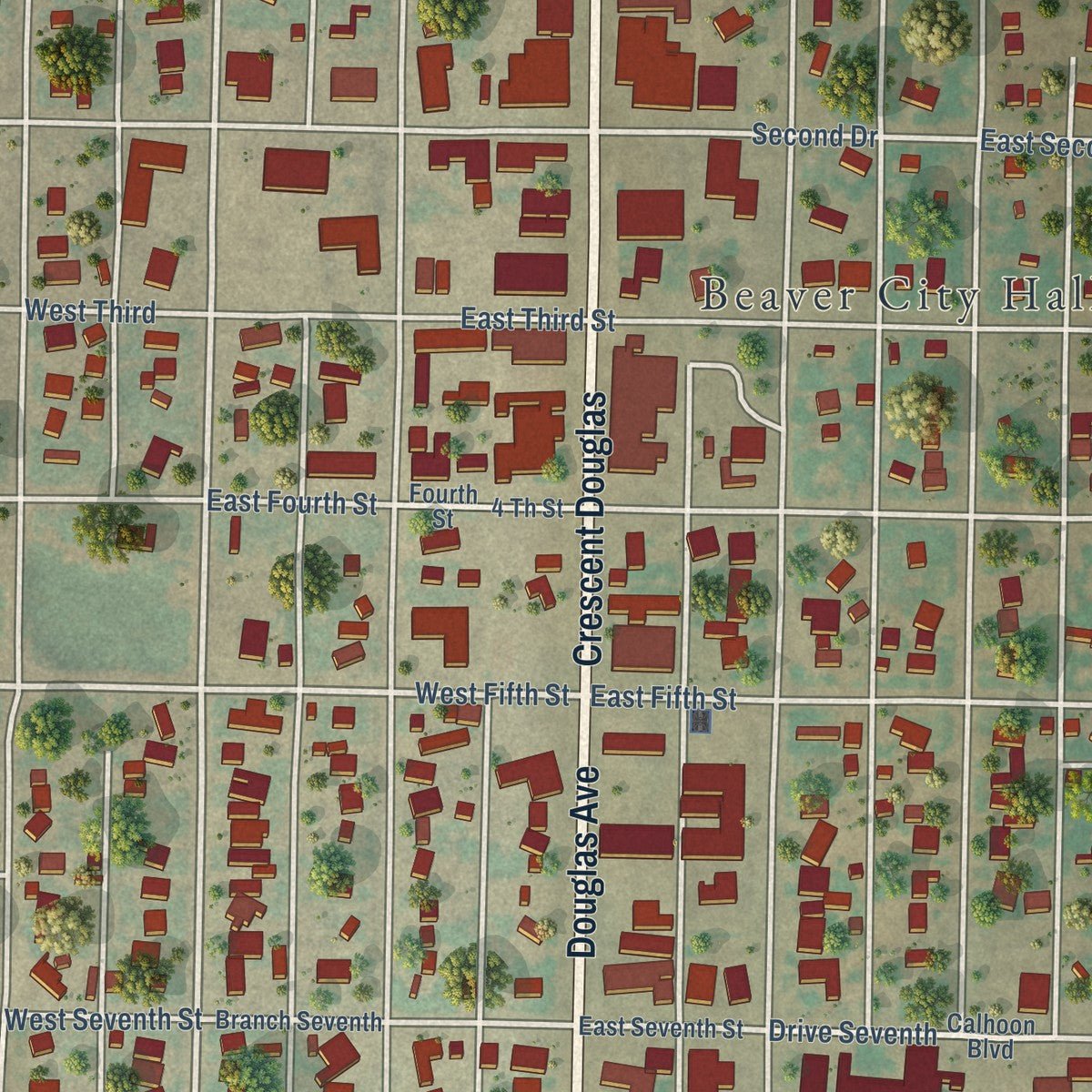 Close-up of the map of Beaver, Oklahoma print showing street and building detail