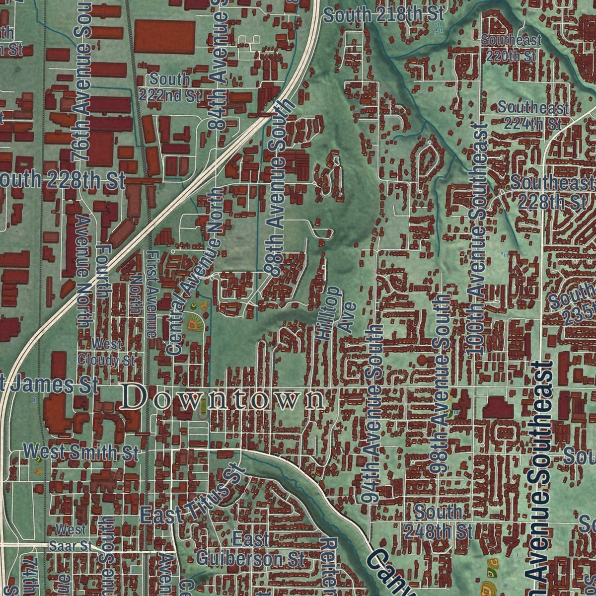 Close-up of the map of Kent, Washington print showing street and building detail